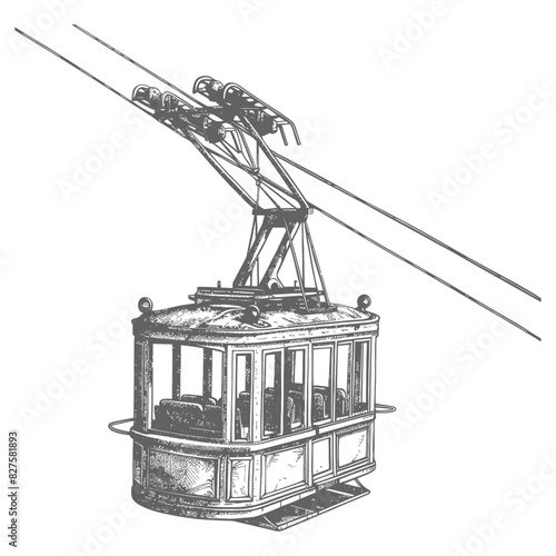 Aerial tramway with old engraving style black color only