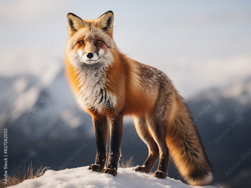 A Vulpes vulpes fox stands proudly on a rock within the forest landscape A Vulpes vulpes fox stands proudly on a rock within the forest landscape