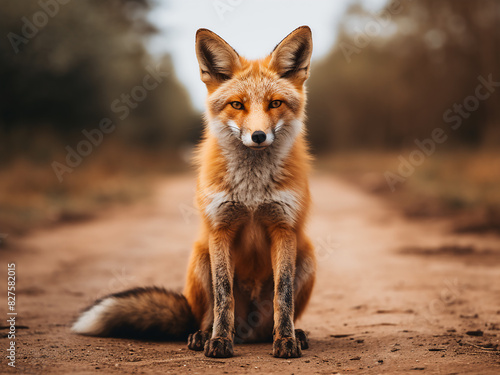 A Vulpes vulpes fox perched peacefully on a dusty rural road photo