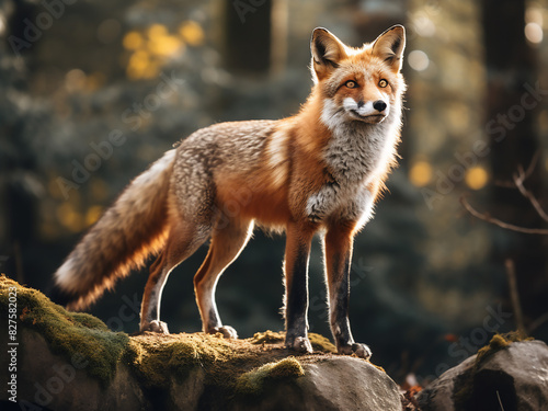 In the forest domain, a red fox of the Vulpes vulpes species stands regally on a large stone