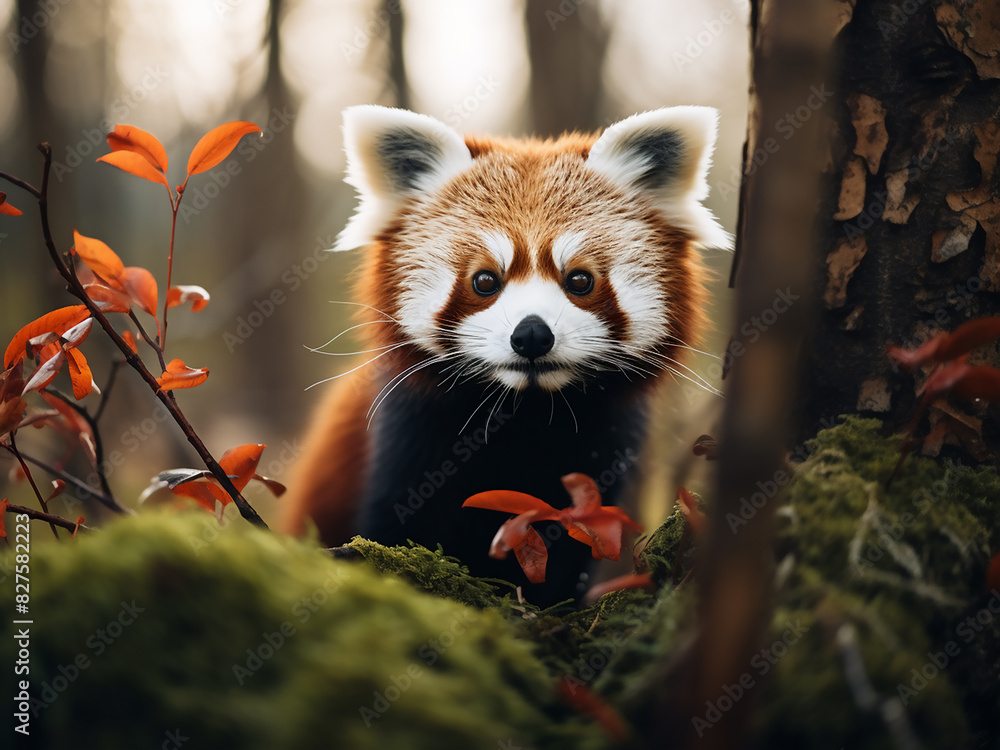 Fototapeta premium Amidst the verdant forest, the red panda, Ailurus fulgens, finds its home