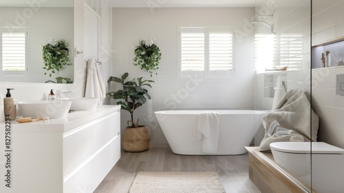 A bathroom with a clean   white design   a floating vanity   and minimal fixtures