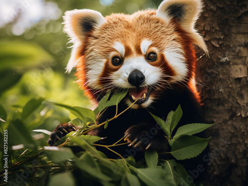 Ailurus fulgens, the red panda, enjoys a bamboo feast photo