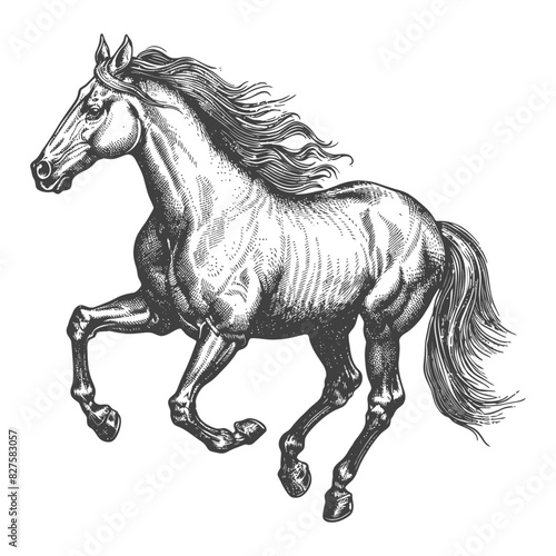 a horses galloping with engraving style black color only