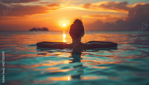 Person relishes a tranquil moment while floating on a water tube in the ocean  silhouetted against a stunning sunset backdrop  celebrating national relaxation day