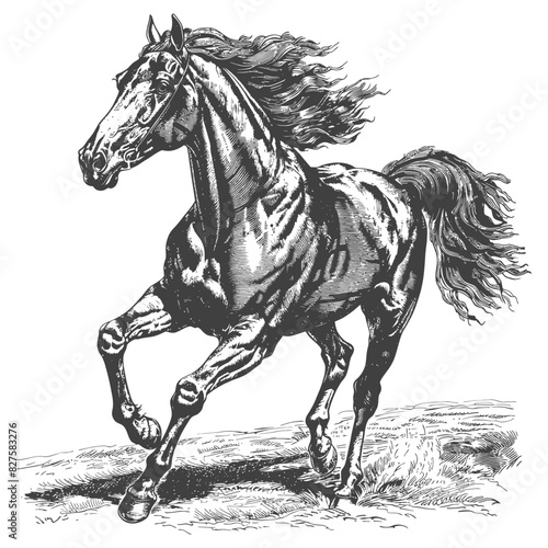 a horses galloping with old engraving style black color only