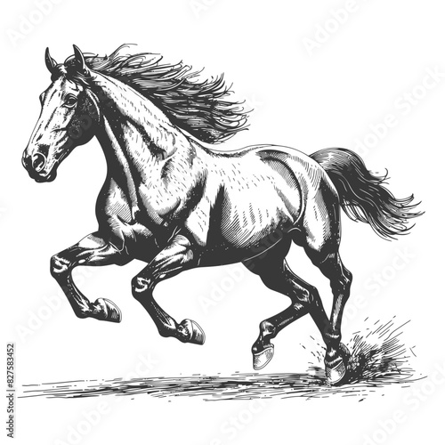 a horses galloping with old engraving style black color only