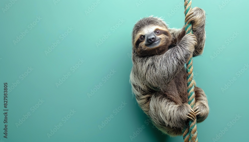 Fototapeta premium Adorable sloth clinging to a rope against a turquoise background. Perfect for nature and wildlife themed projects.