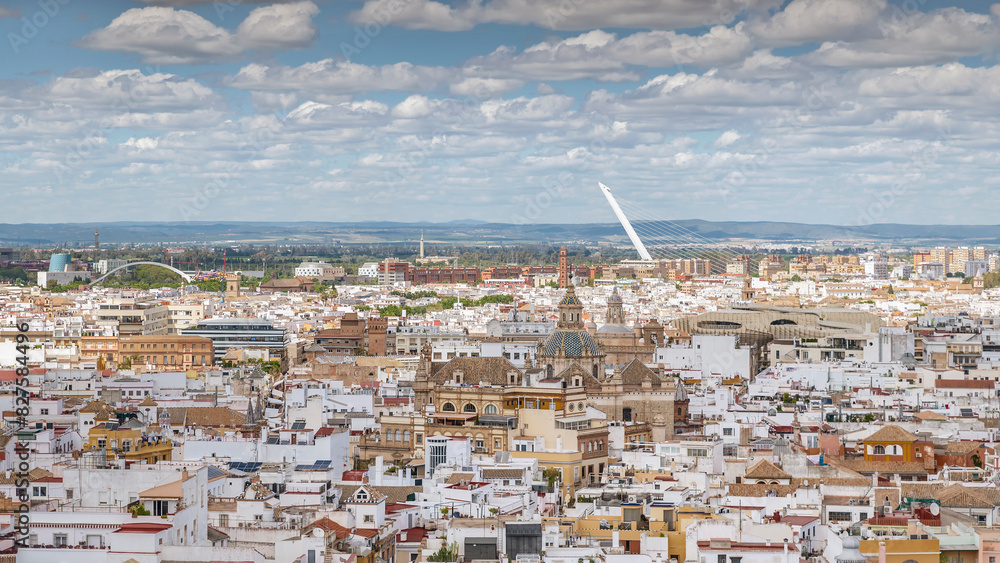 Fototapeta premium Panoramic aerial view of Seville, Spain, looking north towards the Alamillo Bridge
