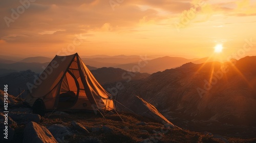 Golden Sunrise Over A Mountainous Landscape With A Lone Tent. Generative AI