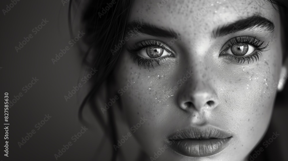 Fototapeta premium Striking black and white close-up portrait of a young woman with freckles, captivating eyes, and serene expression, displaying natural beauty.