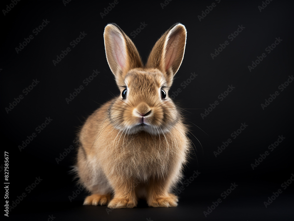 A small brown bunny, a pet rabbit, captured in close-up on a dark background A small brown bunny, a pet rabbit, captured in close-up on a dark background