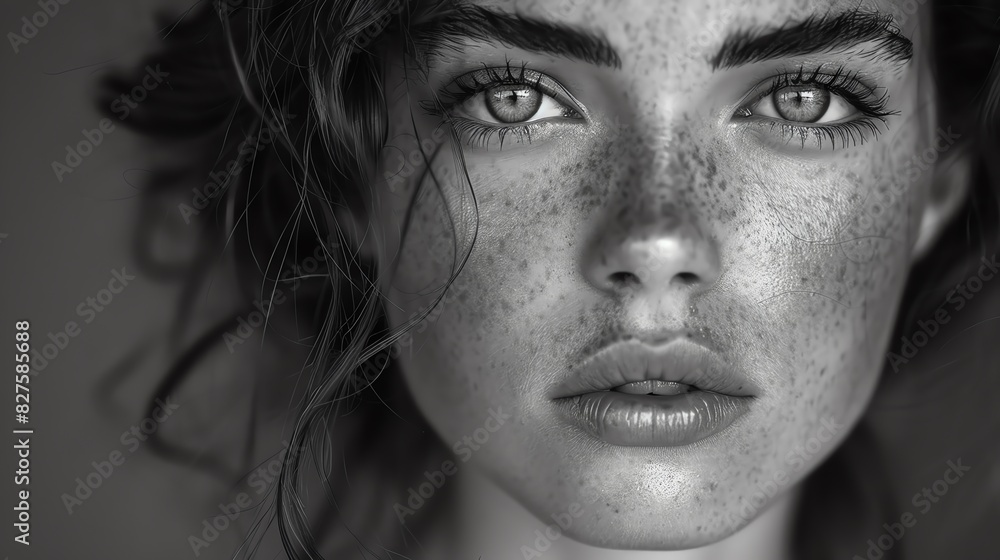 Stunning close-up portrait of a young woman with freckles in black and white, capturing deep emotion and intense eyes. Stunning close-up portrait of a young woman with freckles in black and white, capturing deep emotion and intense eyes.