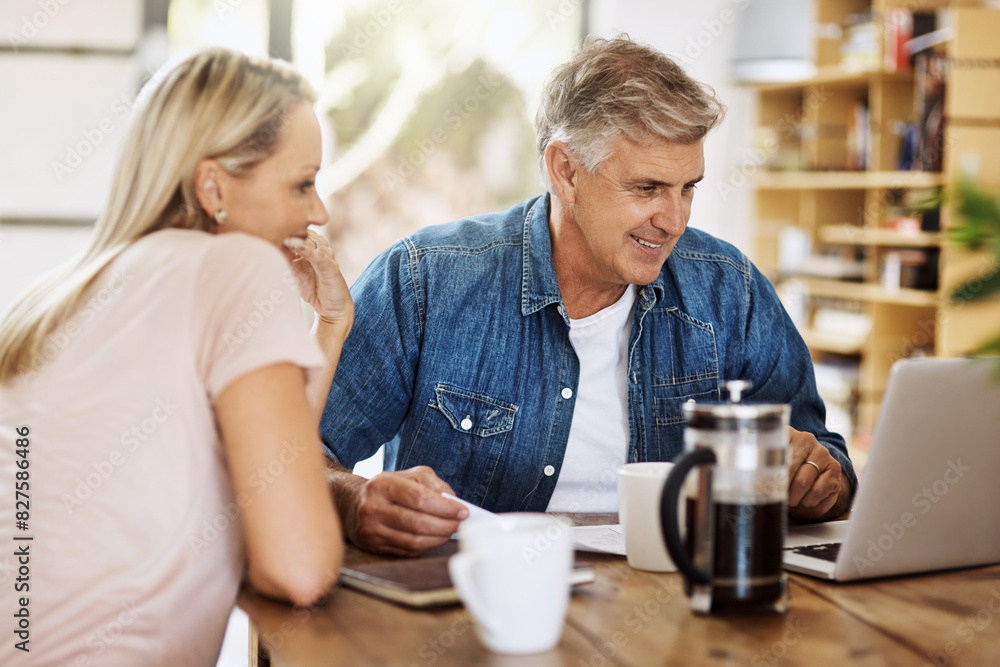 Couple, laptop and morning coffee or home relax for online streaming for connection, internet or breakfast. Mature man, woman and paperwork or investment approval for marriage, future or research Couple, laptop and morning coffee or home relax for online streaming for connection, internet or breakfast. Mature man, woman and paperwork or investment approval for marriage, future or research