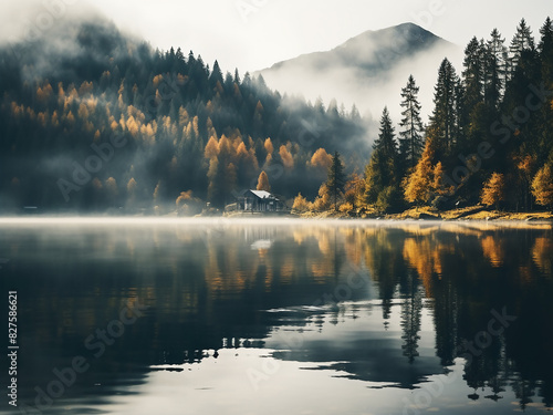 Misty morning unveils mystical autumnal landscape by the lake photo