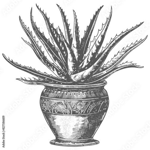Aloe vera tree in the vase with old engraving style black color only
