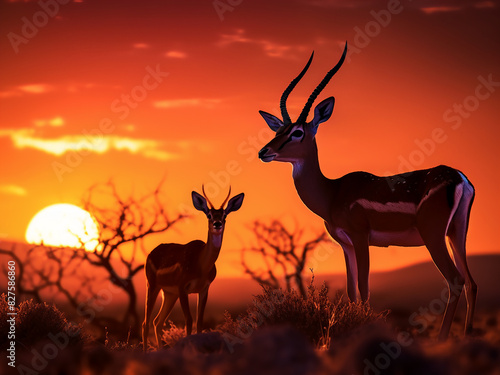 Springbok silhouette stands out against the setting sun