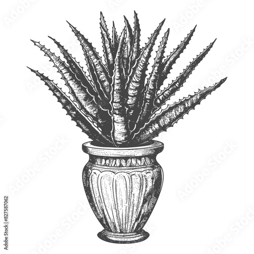 Aloe vera tree in the vase with old engraving style black color only