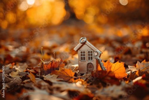 a small house with a key in the middle of leaves photo