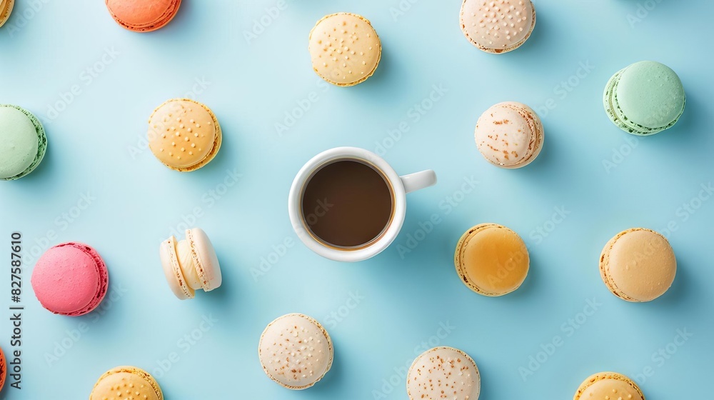 vibrant macaron and coffee cup pattern on pastel blue background flat lay food photography vibrant macaron and coffee cup pattern on pastel blue background flat lay food photography