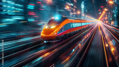 High-speed train motion blur with digital overlays, emphasizing modern transportation technology