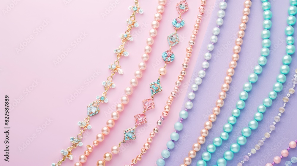 A row of necklaces with different shapes and colors A row of necklaces with different shapes and colors