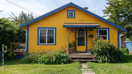 A small yellow house with blue trim, green grass and flowers in the front yard, wooden steps leading to the entrance of the home, a sunny day. © Ammar