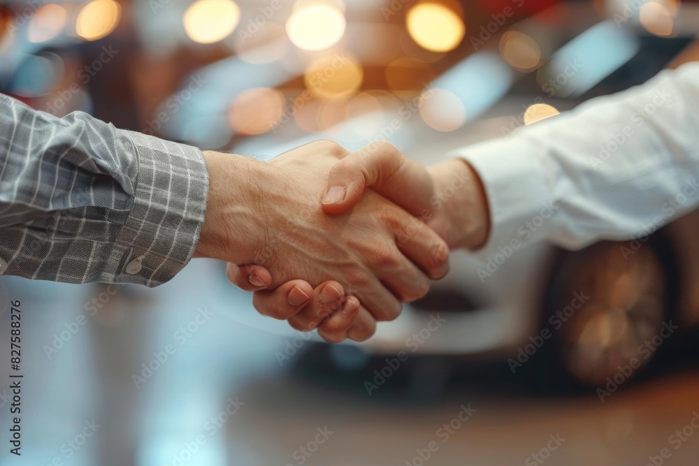 Closeup shot of hands shaking in front of a new car at a dealership, successful deal, business handshake, automotive focus, copy space Closeup shot of hands shaking in front of a new car at a dealership, successful deal, business handshake, automotive focus, copy space