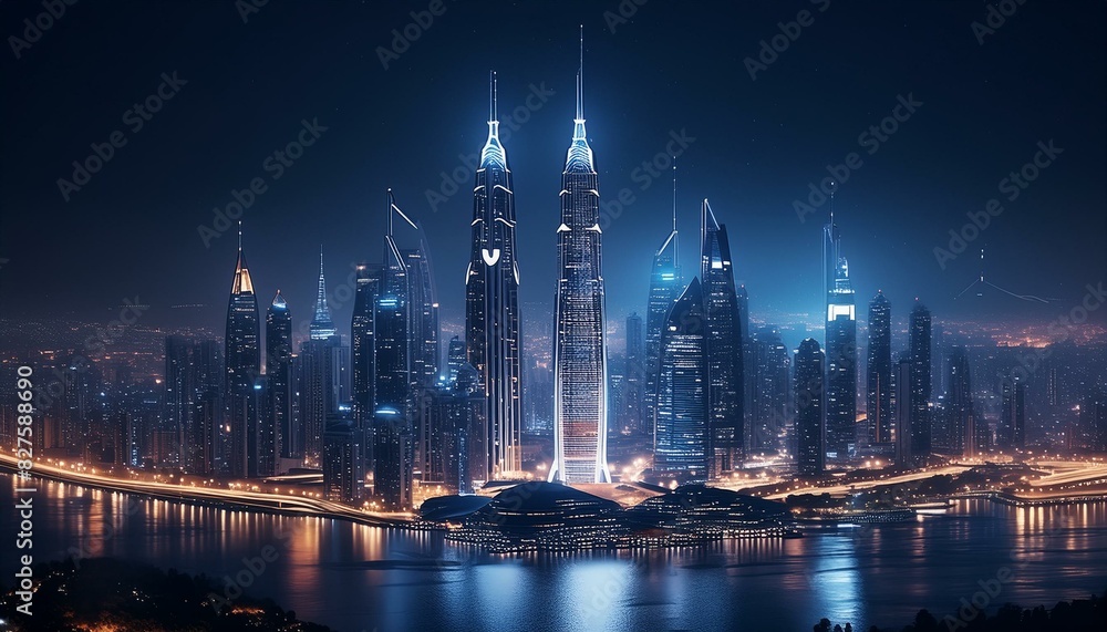 A futuristic cityscape of buildings