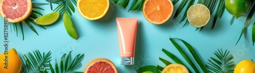 Bright tube of cosmetic cream on blue background surrounded by fresh citrus slices and tropical leaves, suggesting summer skincare. photo