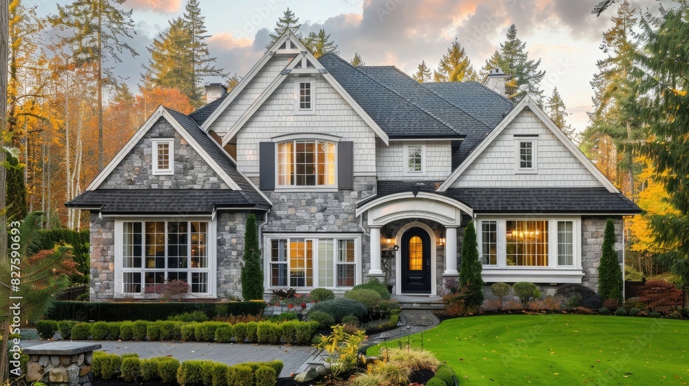 A traditional American style home with white trim, stone exterior walls and shingle roof in the suburban neighborhood of Sh multiplicationl multip Terminated