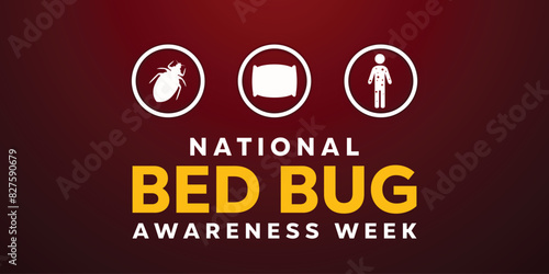 National Bed Bug Awareness Week. Bug, pillow and people icon. Great for cards, banners, posters, social media and more. Red background. 