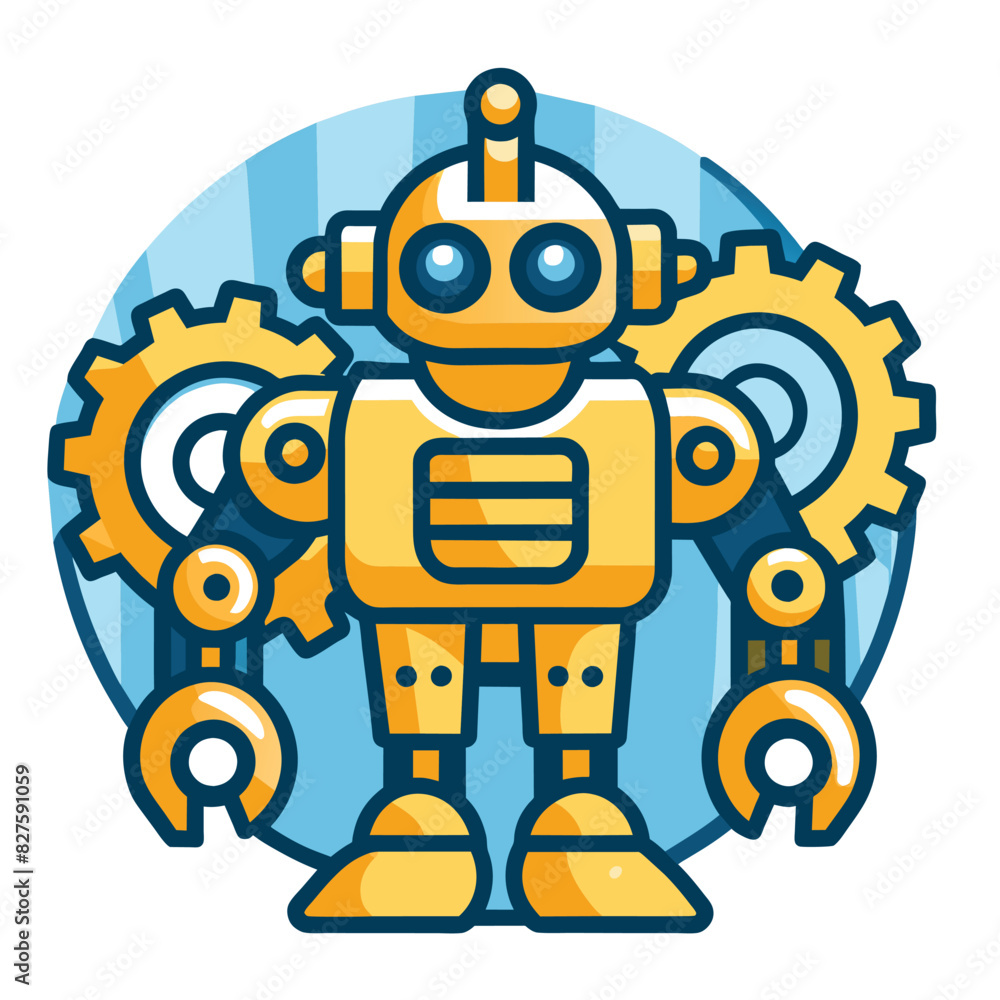 Yellow Cartoon Robot with Large Gear-Like Arms Yellow Cartoon Robot with Large Gear-Like Arms