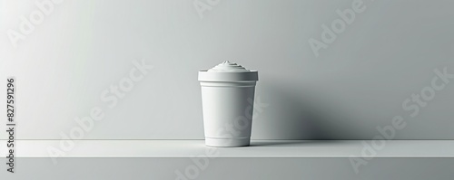 Minimalistic photo of a white disposable coffee cup with a lid on a plain white surface, emphasizing simplicity and modern design. photo
