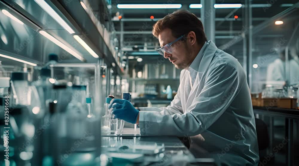 Laboratory liquid handling equipment, scientist working on it Laboratory liquid handling equipment, scientist working on it
