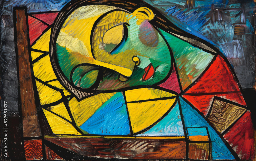 Colorful abstract painting of a person at rest, showcasing geometric shapes and vibrant hues in a contemporary art style.