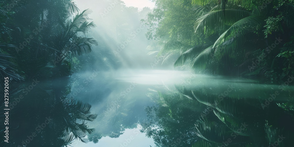 A misty rainforest canopy reflected in the still waters generated by AI A misty rainforest canopy reflected in the still waters generated by AI