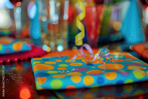 Colorful Wrapped Gift on Festive Table