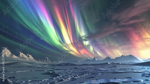 An unprecedented aurora borealis showcases surreal, mesmerizing colors and patterns over an icy desert landscape. photo