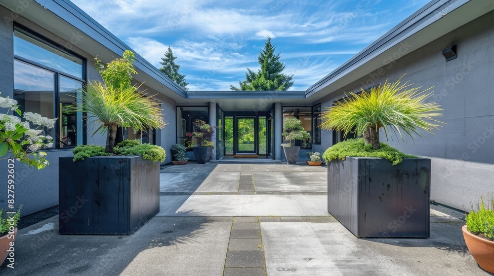 A wide-angle shot of the front entrance to an upscale modern home