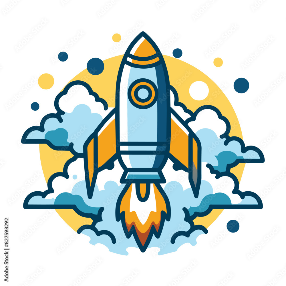 Cartoon Rocket Launching Through Clouds and a Yellow Circle Cartoon Rocket Launching Through Clouds and a Yellow Circle
