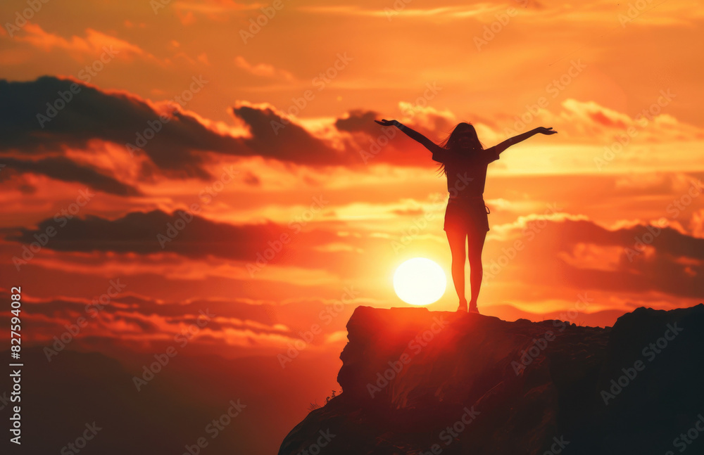 Happy woman standing with her arms outstretched on a cliff at sunset