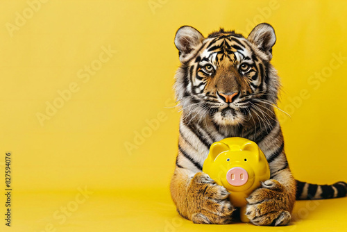 Tiger holding piggybank on yellow background