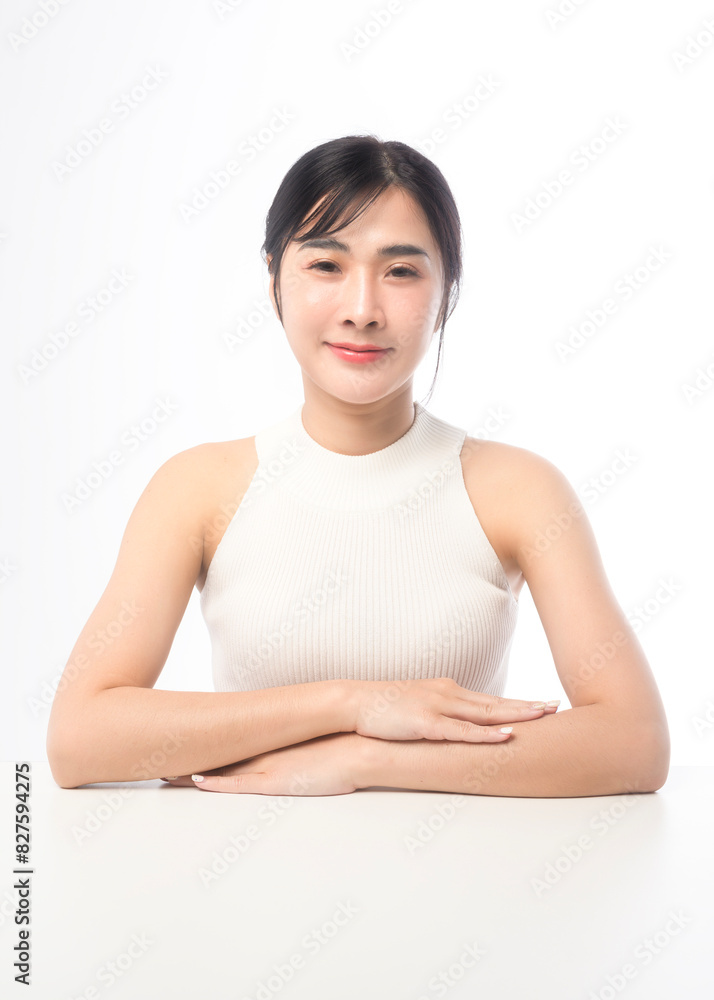 A portrait of young beautiful woman face with smooth healthy skin on white background , Skincare concept. A portrait of young beautiful woman face with smooth healthy skin on white background , Skincare concept.