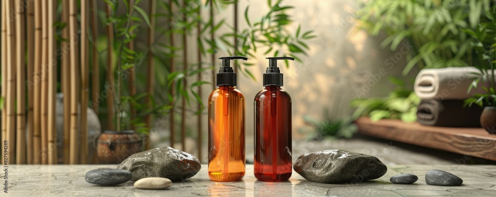 Two amber glass bottles with pump dispensers surrounded by stones and bamboo, creating a serene and natural spa setting. Two amber glass bottles with pump dispensers surrounded by stones and bamboo, creating a serene and natural spa setting.
