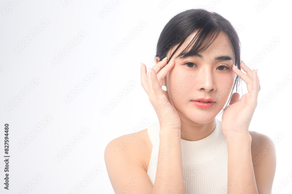 A portrait of young beautiful woman face with smooth healthy skin on white background , Skincare concept. A portrait of young beautiful woman face with smooth healthy skin on white background , Skincare concept.