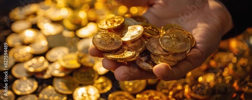 A hand holding a pile of gold coins with more scattered around. The image symbolizes wealth, treasure, and financial success.