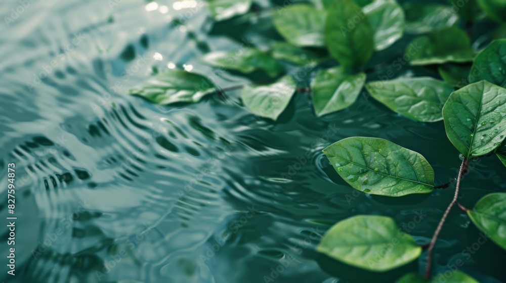 The leaf of a plant touches the water surface and forms circular ripples background The leaf of a plant touches the water surface and forms circular ripples background