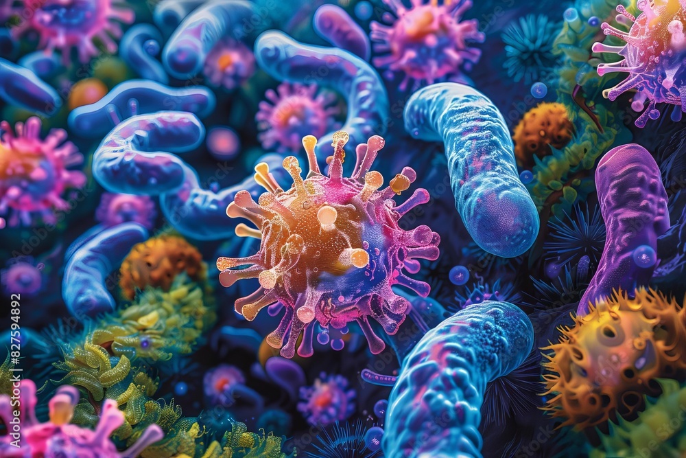 Abstract illustration of colorful viruses and bacteria.