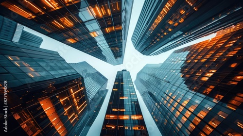 Wallpaper Mural Dynamic upward view of modern skyscrapers with illuminated windows against a blue sky, showcasing urban architecture and a cityscape at dusk. Torontodigital.ca